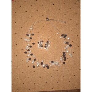 Faux Pearl Black Glass Bead Multi Strand Illusion Necklace & Earring Jewelry Set